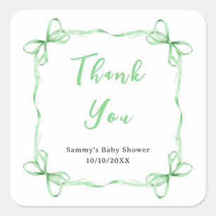 Sticker Carré Remerciement pour Baby Shower Ruban Coquette Vert