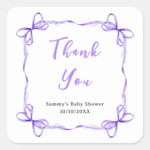 Sticker Carré Remerciement pour Baby Shower Ruban Coquette Viole