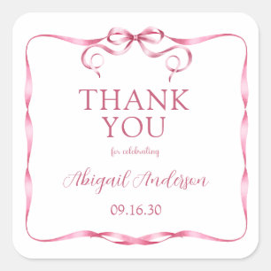 Sticker Carré Remerciement pour Baby Shower Ruban Rose Élégant