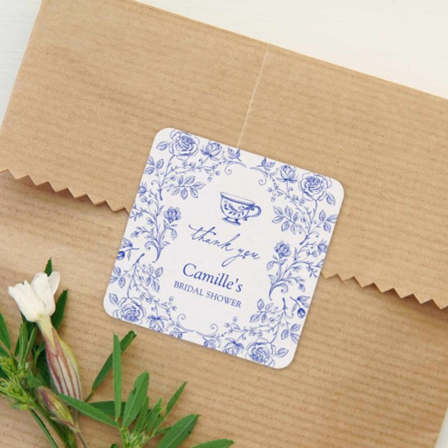 Sticker Carré Remerciement pour Baby Shower Thè Party Bleu (Blue Floral Toile Thank you Bridal Shower Sticker)