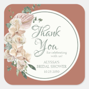 Sticker Carré Remerciement pour Baby Shower Tropical Floral Aqua