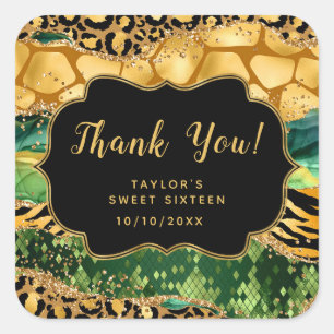 Sticker Carré Remerciement Sweet Sixteen Safari Agate Vert Or