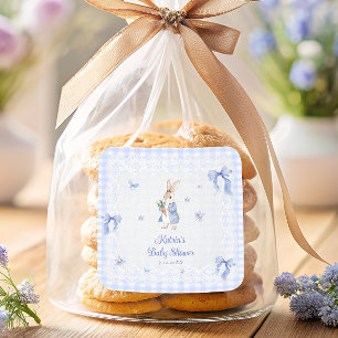 Sticker Carré Remerciements Baby Shower Lapin Bleu Gingham