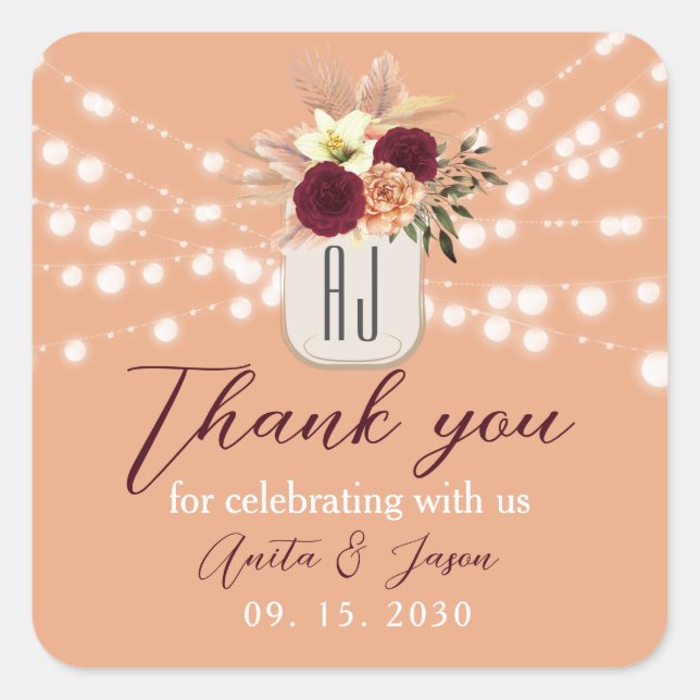Sticker Carré Remerciements de mariage floral boho (Devant)