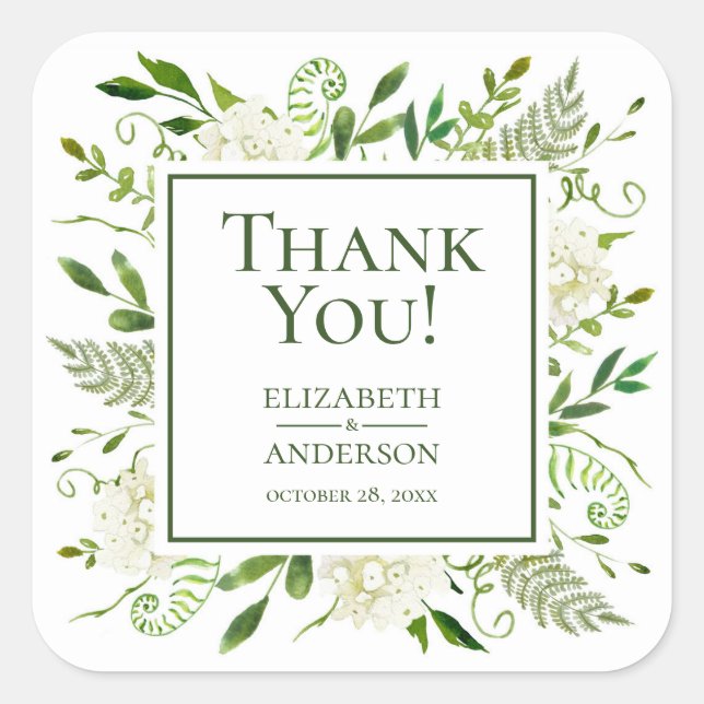 Sticker Carré Remerciements de mariage floral Hydrangeas blanche (Devant)