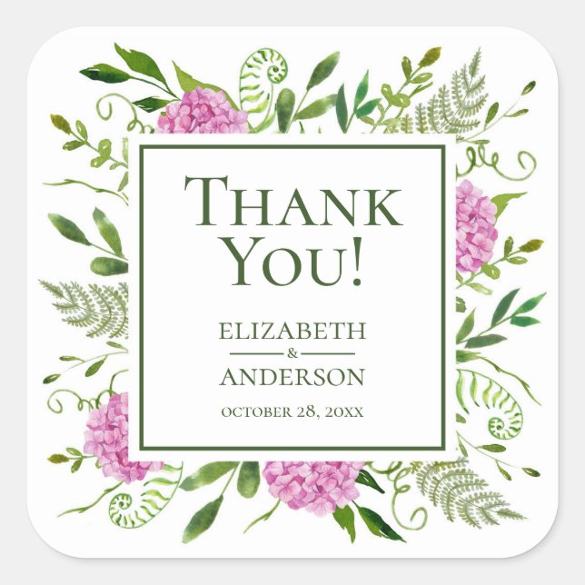 Sticker Carré Remerciements de mariage Hydrangea rose (Devant)