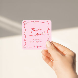 Sticker Carré Remerciements de mariage rose et rouge dessinés à