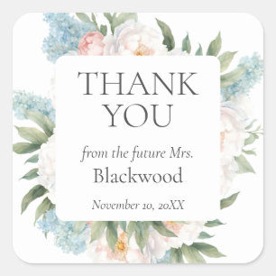 Sticker Carré REMERCIEMENTS Fleurs BLEUES ROSES tendres FLEURS E