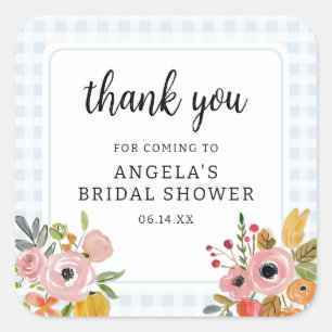 Sticker Carré Remerciements pour Baby Shower Bleu Gingham et Fle
