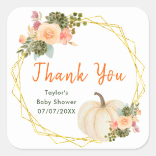 Sticker Carré Remerciements pour Baby Shower Citrouilles Orange 