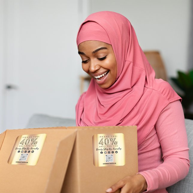 Sticker Carré Remerciements Shopping 40%Off QR CODE Faux Gold (Thank Shopping 40%Off QR CODE Faux Gold Square Sticker)