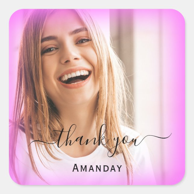 Sticker Carré Remercier Nom Cadre Rose.  Photo  Sweet16thMariée (Devant)