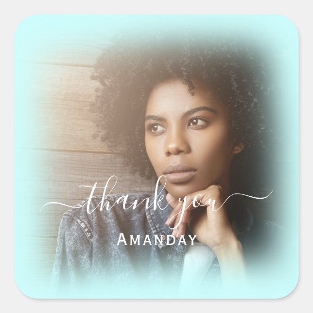 Sticker Carré Remercier Nom Photo Aqua Bleu Mariée Sweet16 (Devant)