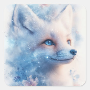 Sticker Carré Renard Arctique aux Yeux Bleus dans la Nébuleuse d