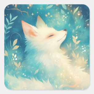 Sticker Carré Renard arctique blanc dans un jardin enchanté bleu