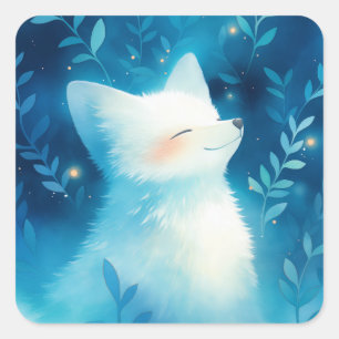 Sticker Carré Renard arctique blanc dans une forêt enchantée ble
