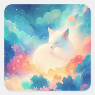 Sticker Carré Renard Arctique Endormi dans un Nuage Pastel Magiq