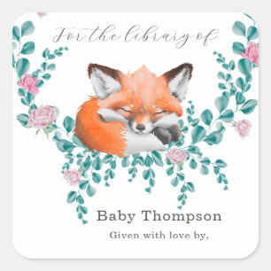 Sticker Carré Renard bébé aquarelle en fleurs - pour la biblioth