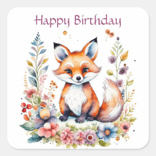 Sticker Carré Renard bébé en fleurs Joyeux anniversaire