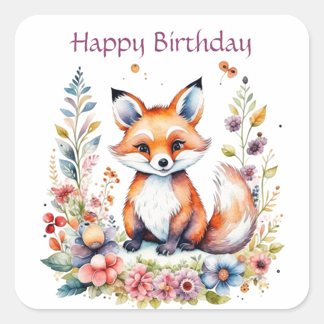 Sticker Carré Renard bébé en fleurs Joyeux anniversaire (Devant)