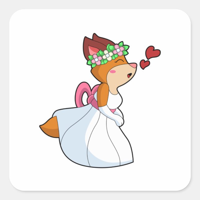 Sticker Carré Renard comme mariée avec robe de mariée et couronn (Devant)