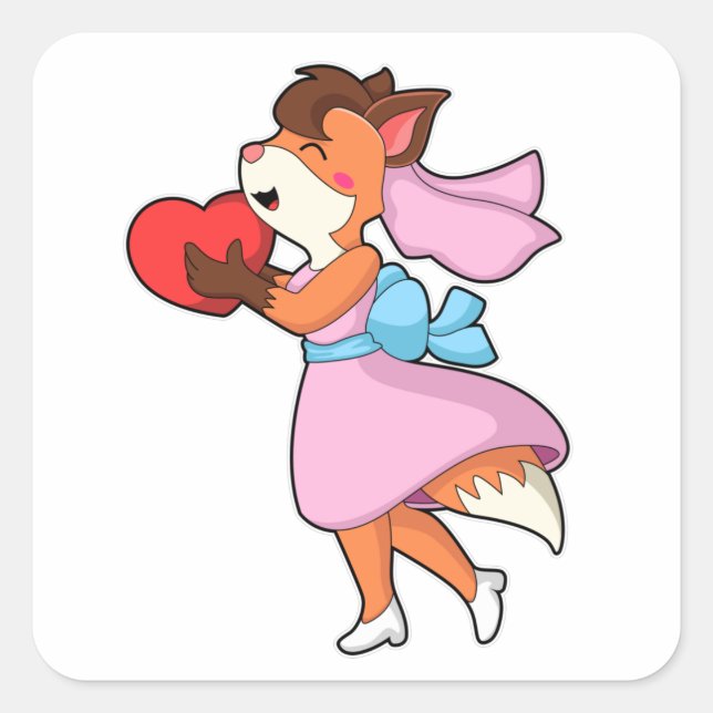 Sticker Carré Renard comme mariée avec robe et coeur (Devant)