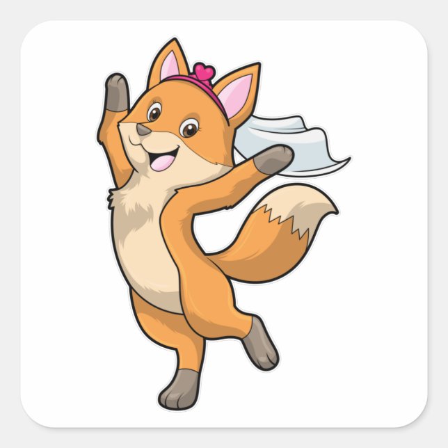 Sticker Carré Renard comme mariée avec voile et cœur (Devant)