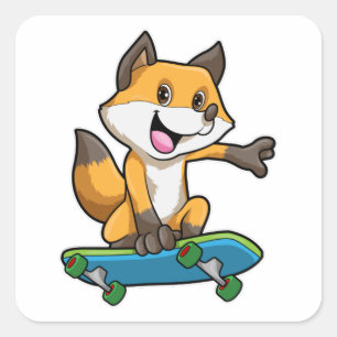Sticker Carré Renard comme patineur avec skateboard