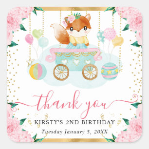 Sticker Carré Renard de cirque floral anniversaire rose aquarell