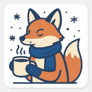 Sticker Carré Renard d'hiver Cozy avec du cacao chaud