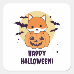 Sticker Carré Renard En Citrouille Foxes Doux Joyeux Halloween