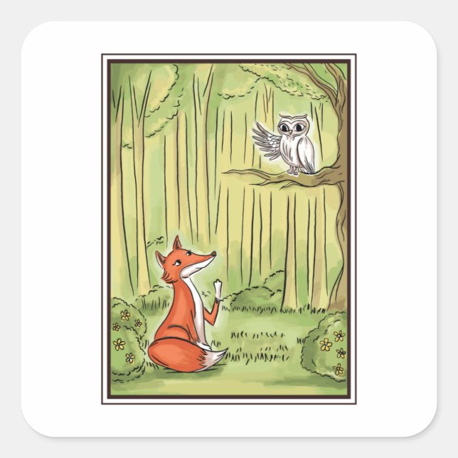 Sticker Carré Renard et hibou dans une forêt (Devant)