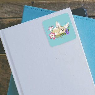 Sticker Carré Renard Fennec Fleurs Rose Violet Mignon Bleu Botan