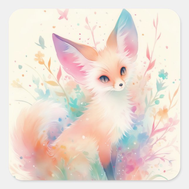 Sticker Carré Renard Fennec parmi les fleurs pastel (Devant)