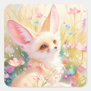 Sticker Carré Renard Fennec se reposant dans une prairie en fleu