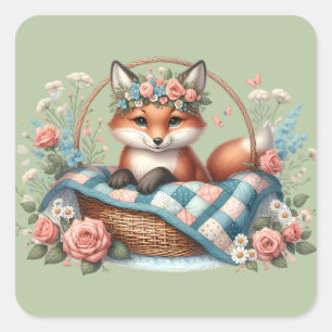 Sticker Carré Renard floral dans un panier avec courtepointe et