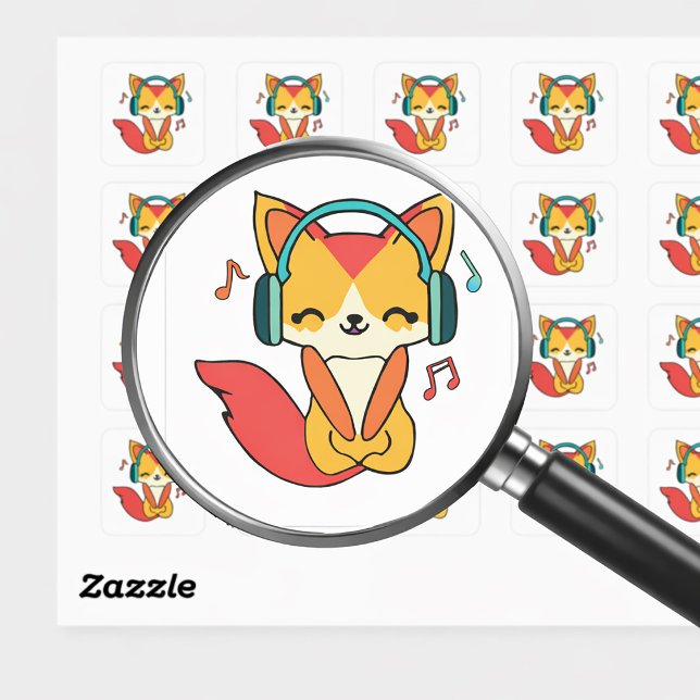 Sticker Carré Renard heureux avec écouteurs en train d'écouter d (Happy fox with headphones listening to music. square sticker)