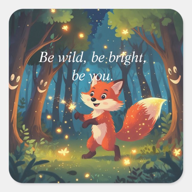 Sticker Carré Renard Magique Mignon  (Devant)