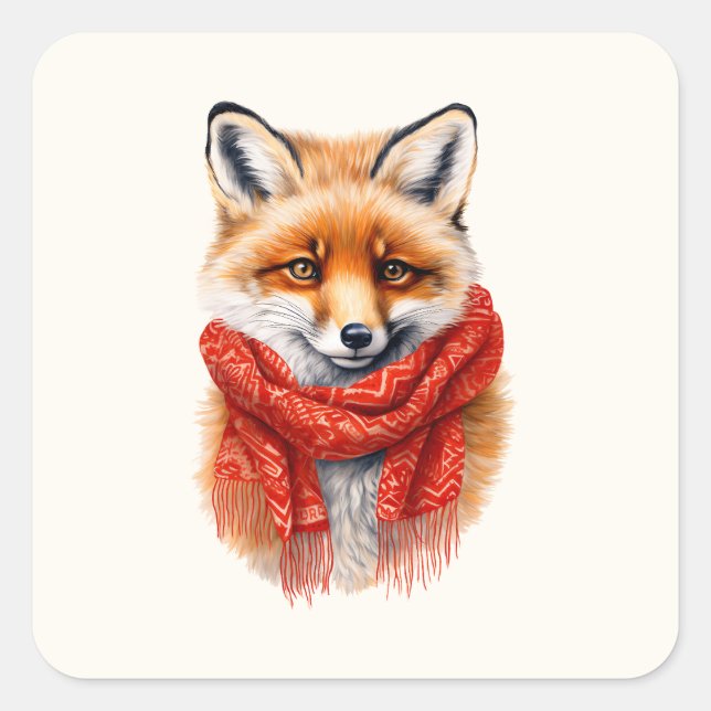 Sticker Carré Renard mignon avec une écharpe rouge Image d'autom (Devant)
