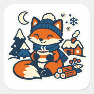 Sticker Carré Renard Mignon Kawaii Buvant du Cacao dans la Neige