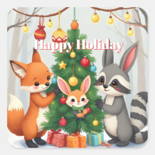 Sticker Carré Renard Mignon, Raton Laveur et Lapin de Noël à Con