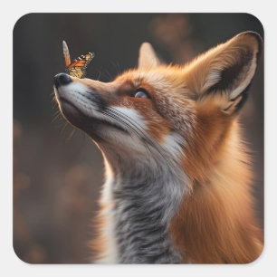 Sticker Carré Renard mou avec papillon assis sur son nez