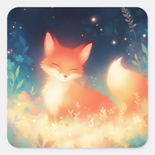 Sticker Carré Renard Rouge Lumineux dans Fleur Sauvage de Nuit É