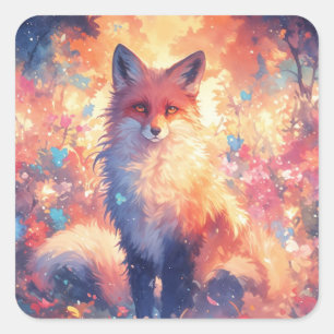 Sticker Carré Renard Rouge Majestueux Assis dans des Fleurs Sauv
