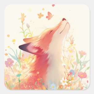 Sticker Carré Renard Rouge Mignon et Paisible dans des Fleurs Sa
