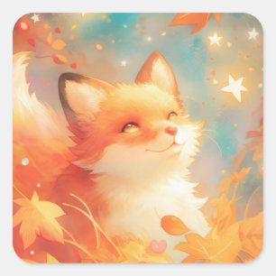 Sticker Carré Renard Rouge Mignon Regardant le Ciel Nocturne Éto