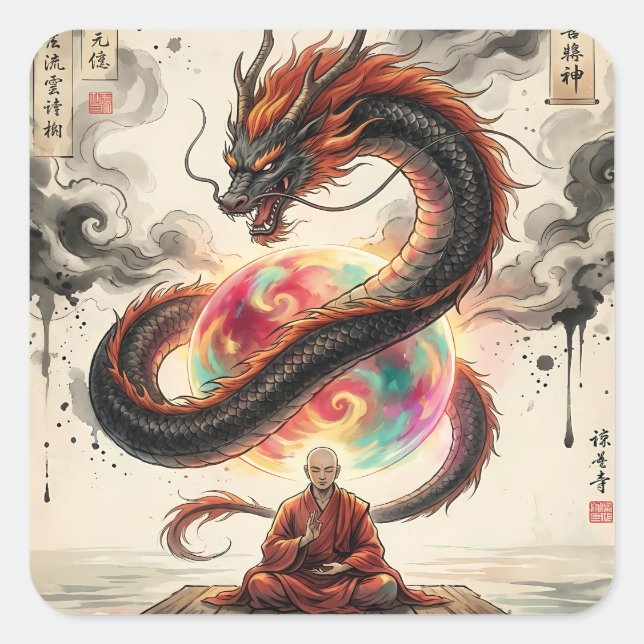 Sticker Carré Rencontre Sérénité : Moine et le Dragon Céleste (Devant)