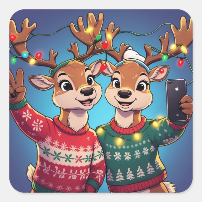 Sticker Carré Renne drôle en selfie avec des pulls de Noël et  (Devant)