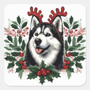 Sticker Carré Rennes de fête Sibérie Husky Chien Noël