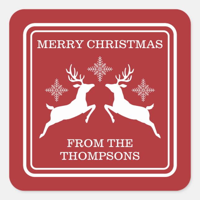Sticker Carré Rennes Rouges Et Blancs Et Snowflakes Noël (Devant)